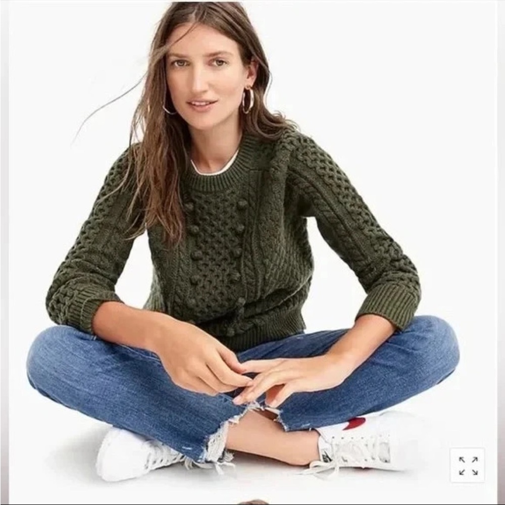 J Crew Popcorn Cable Knit Lambs Wool Sweater in olive green XS